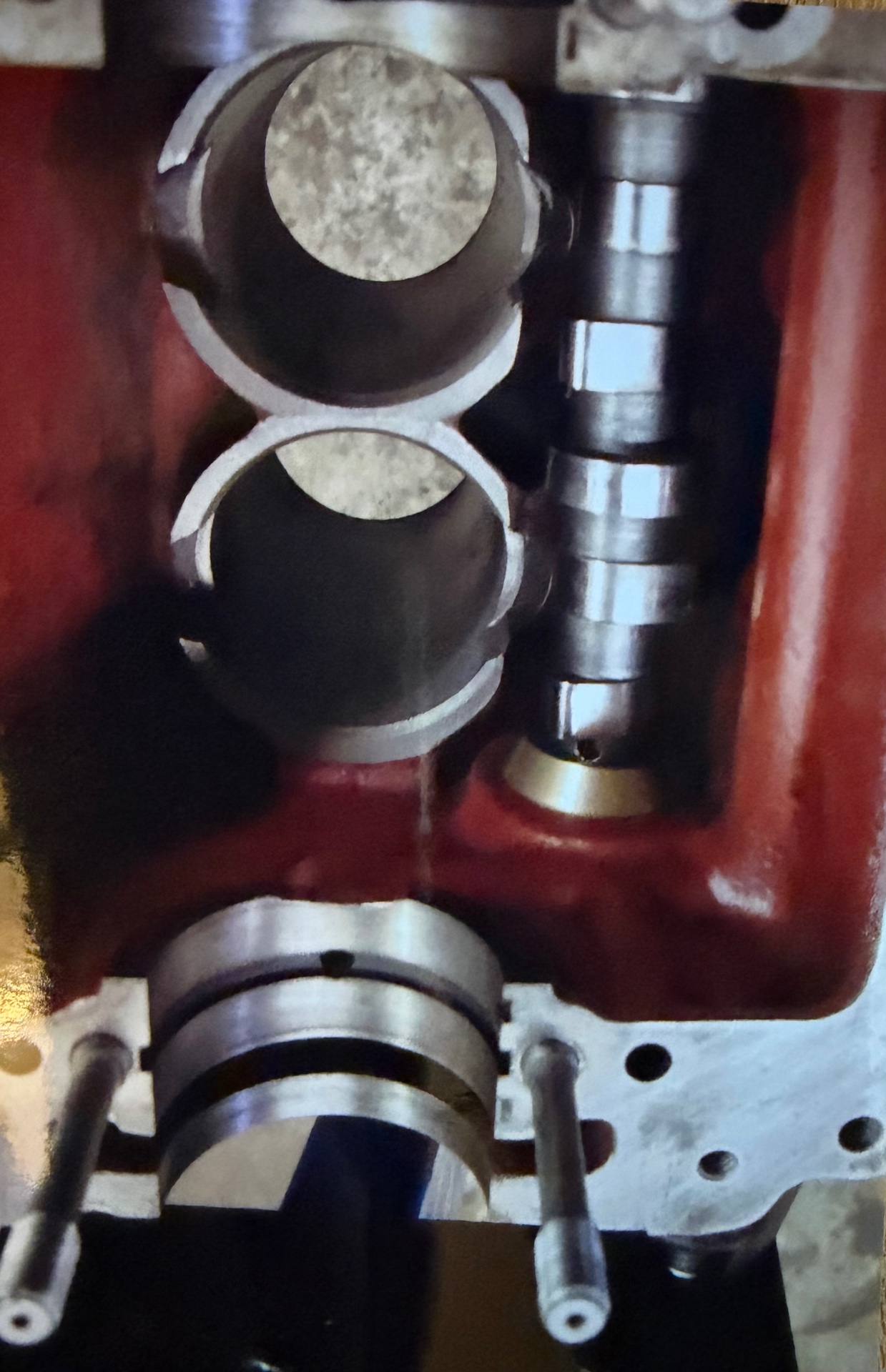 Close-up of Bristol six cam followers and camshaft lobes showing the contact faces inside the crankcase