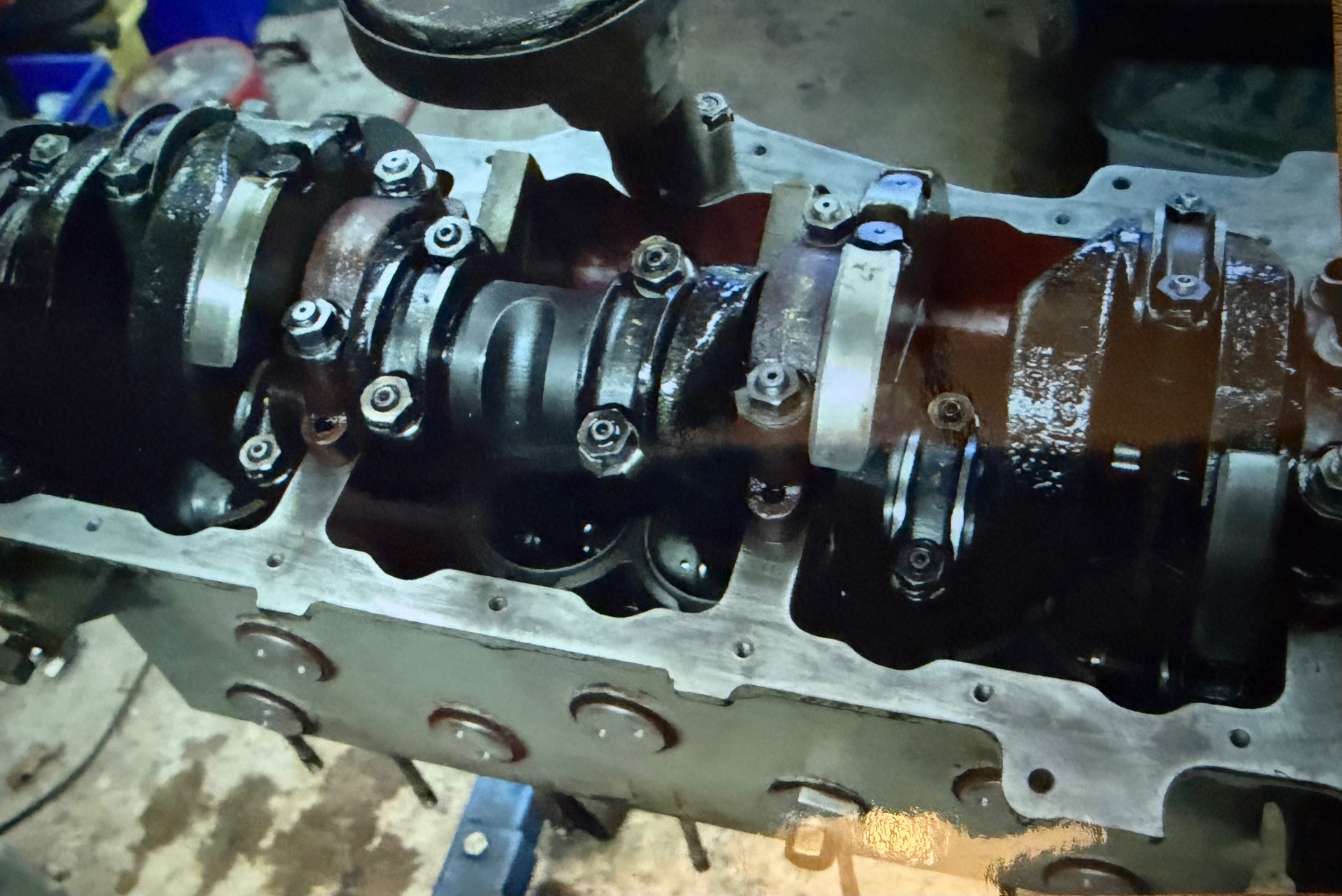 Bristol six crankshaft installed in the crankcase, with main bearing caps and connecting rod big ends torqued into place