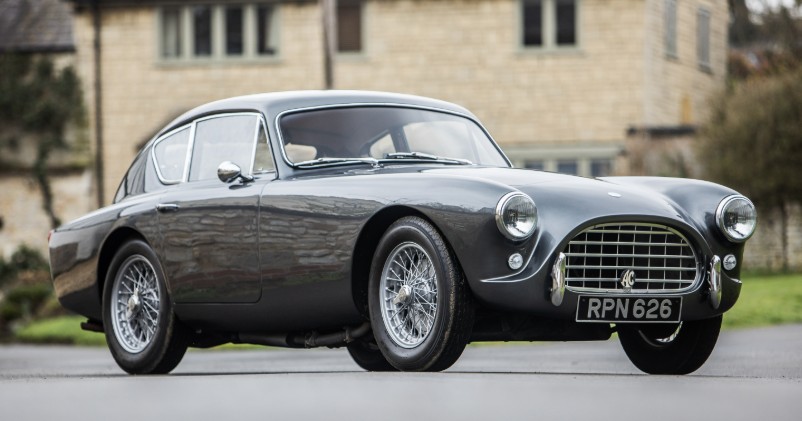 AC Aceca in grey with registration RPN 626, showing the low nose, wire wheels and all-independent suspension stance