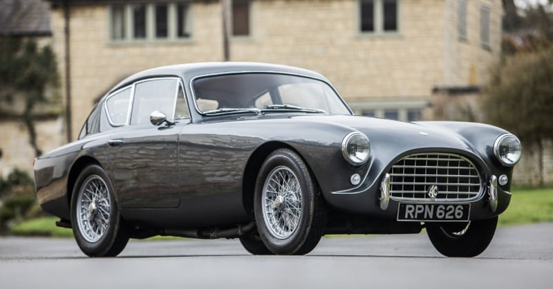 AC Aceca in grey with registration RPN 626, showing the low nose, wire wheels and all-independent suspension stance