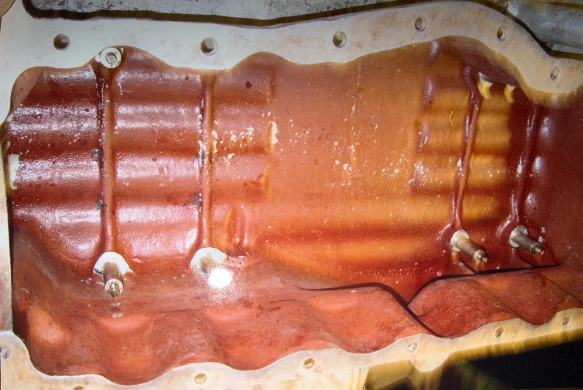 Bristol six sump refinished in red oxide, with its perimeter bolt flange