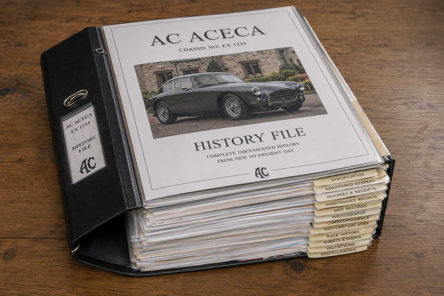 AC Aceca history file binder with tabbed sections for specification, registered keepers, invoices and more