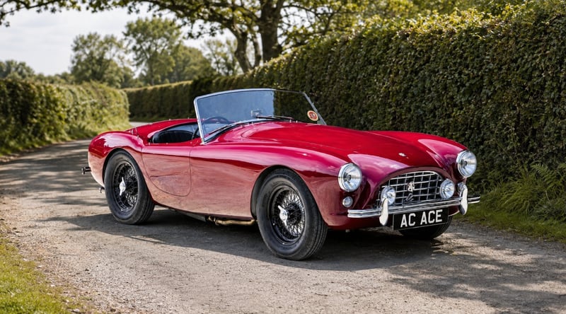 AC Ace open two-seat roadster in red, showing its barchetta lines and wire wheels