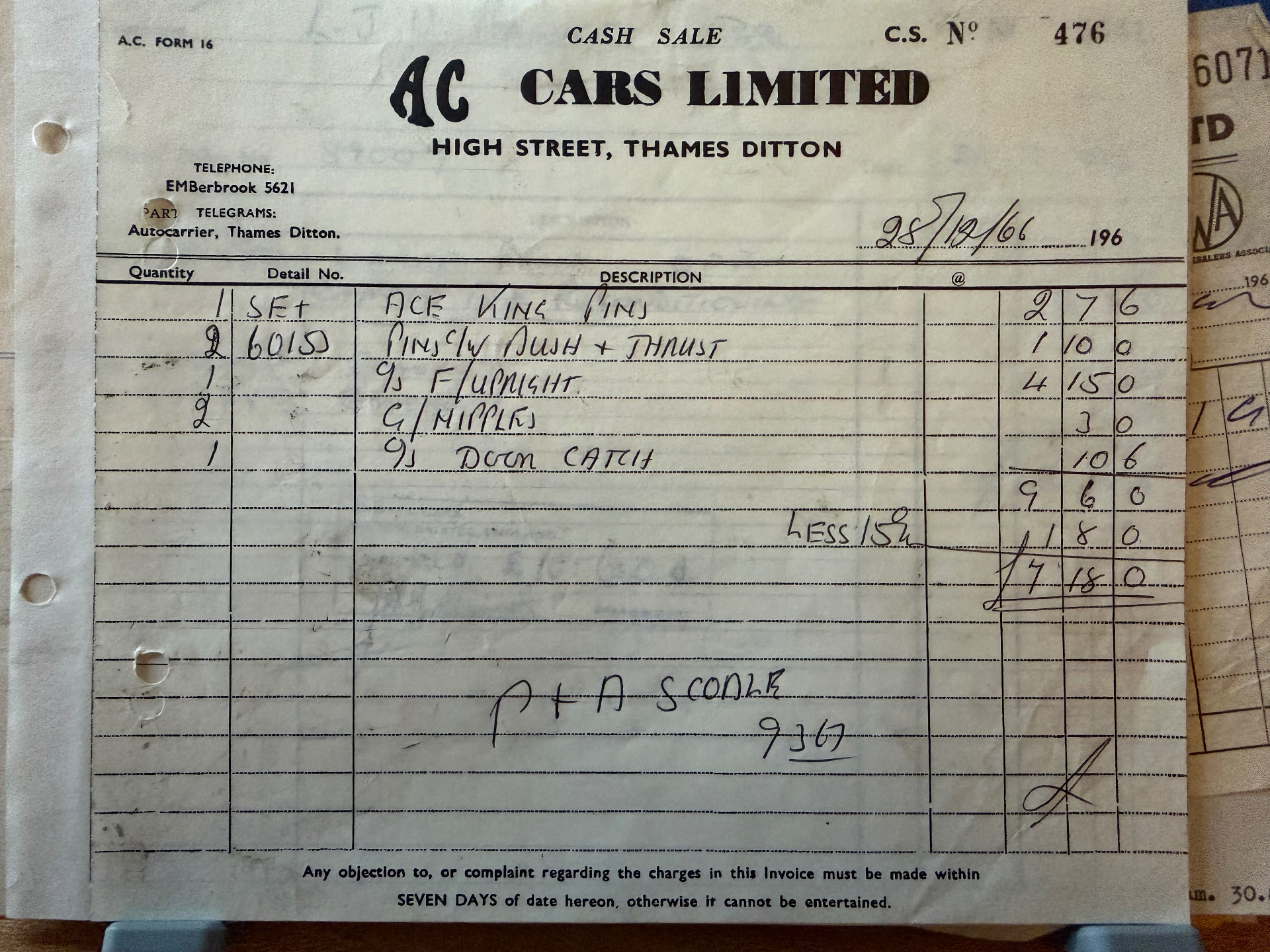 AC Cars Limited cash sale invoice dated December 1966 listing king pins and suspension parts