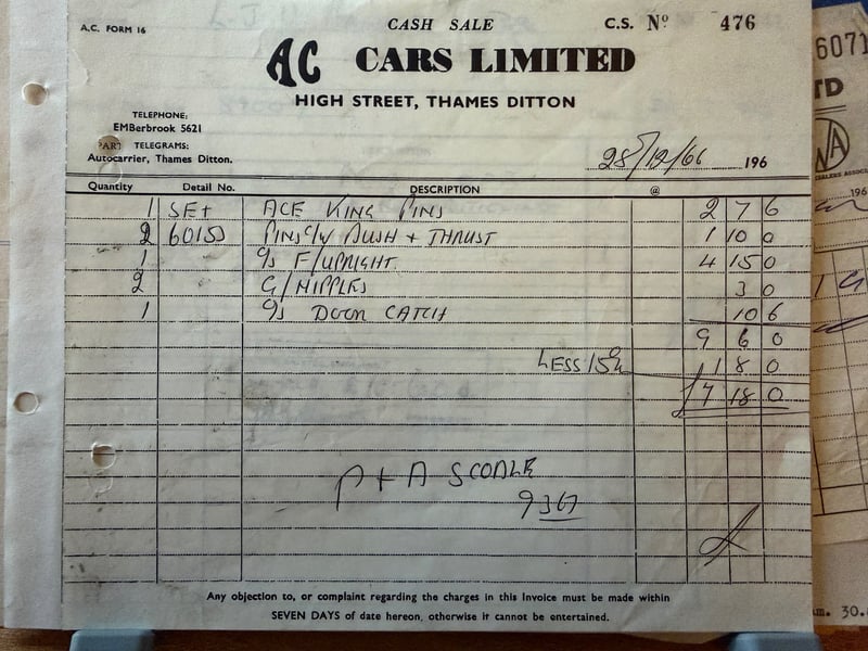 AC Cars Limited cash sale invoice dated December 1966 listing king pins and suspension parts