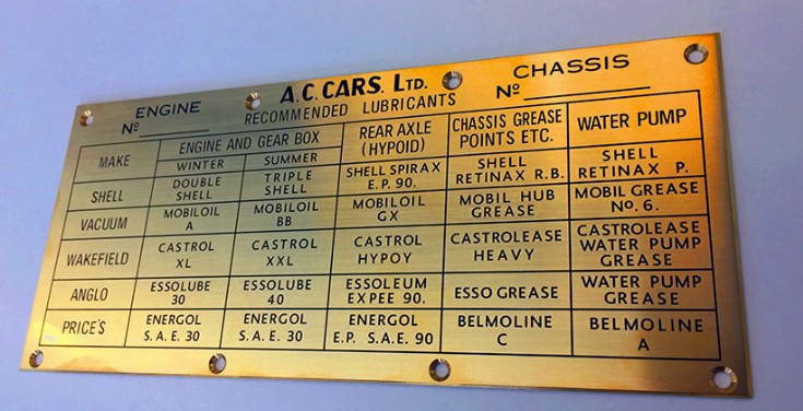 AC Cars brass chassis and lubricants data plate