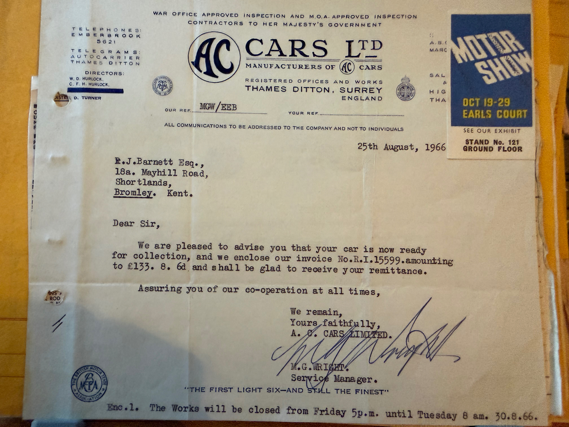 Letter on AC Cars Ltd Thames Ditton letterhead dated 25 August 1966
