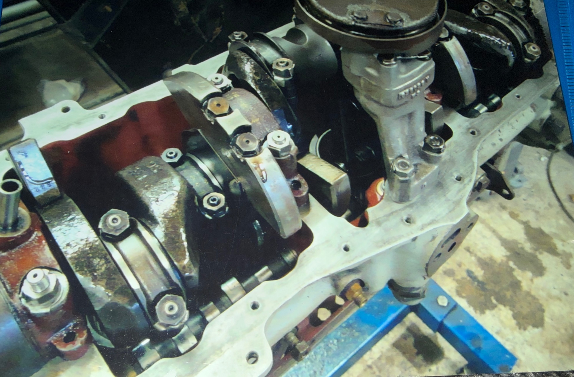Freshly rebuilt Bristol six bottom end on an engine stand, with the oil pump fitted
