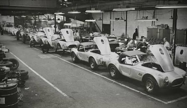 AC Cars production line at Thames Ditton with Cobra roadsters under construction
