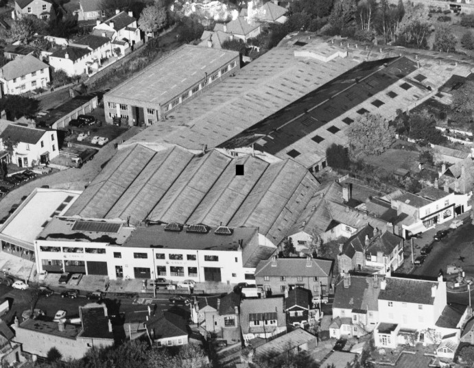 Aerial view of the AC Cars Ferry Works at Thames Ditton, Surrey, c. 1955