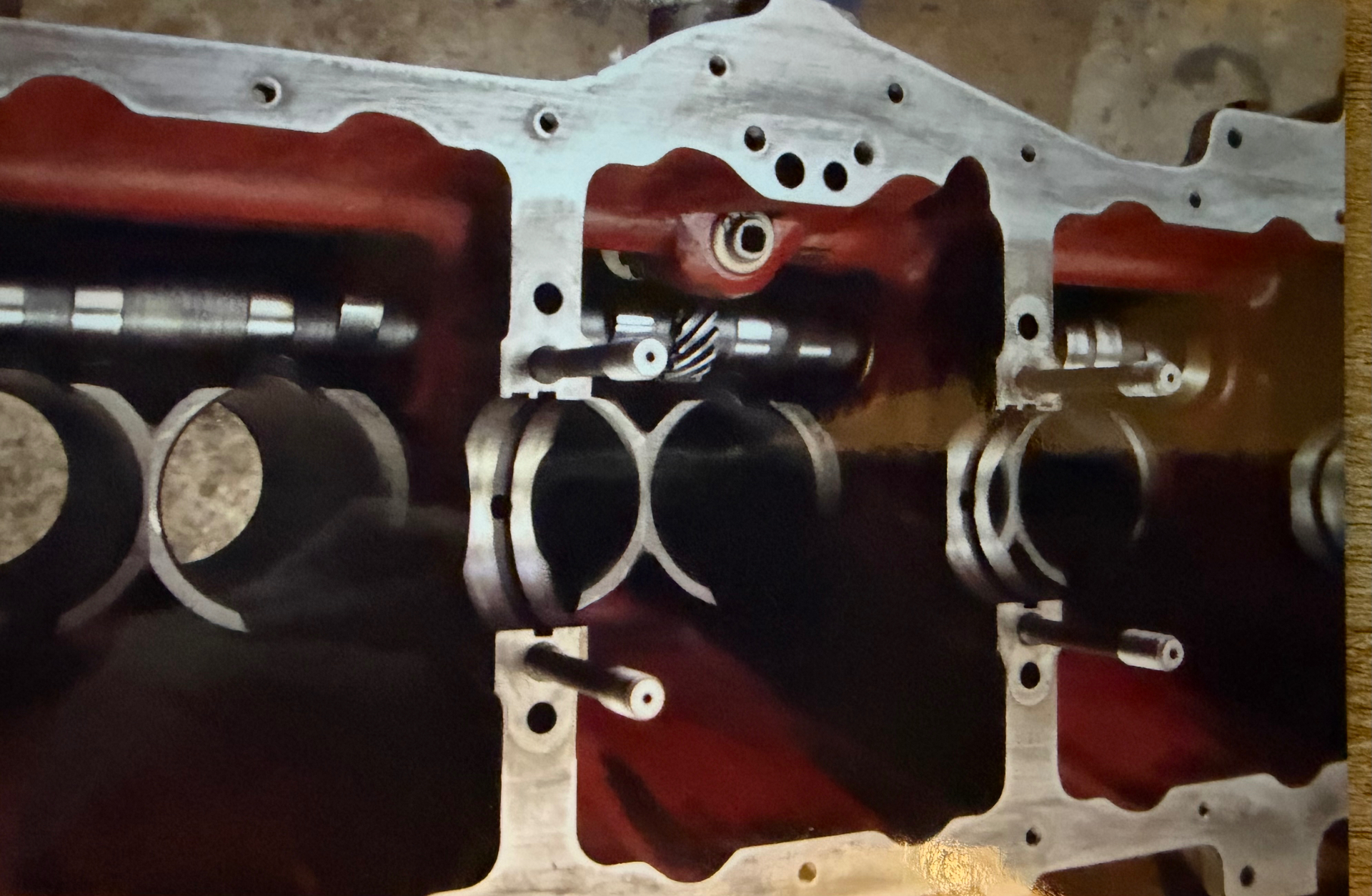 Cutaway section through a Bristol six crankcase revealing the camshaft, tappets, pushrod tunnels and cylinder bores