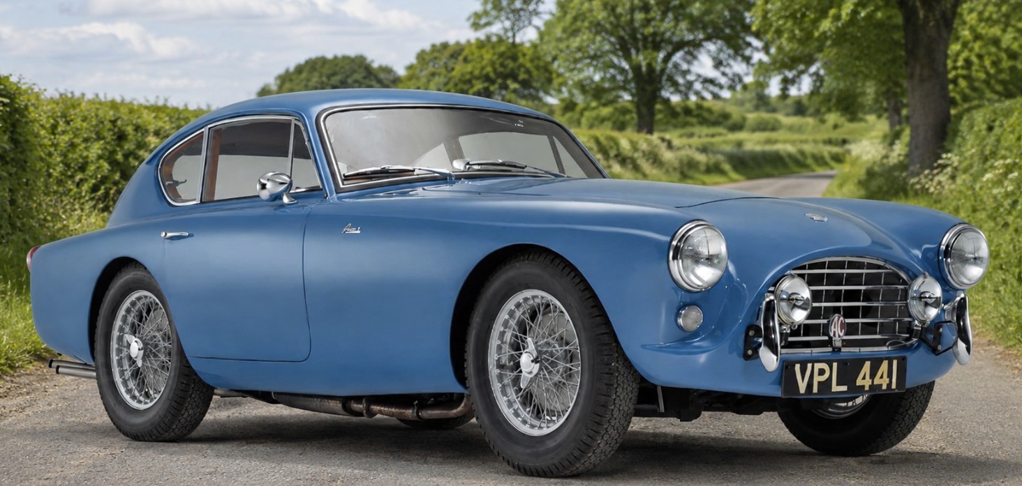 The 1954 AC Aceca prototype VPL 441 in Bluebird Blue, parked on a country lane