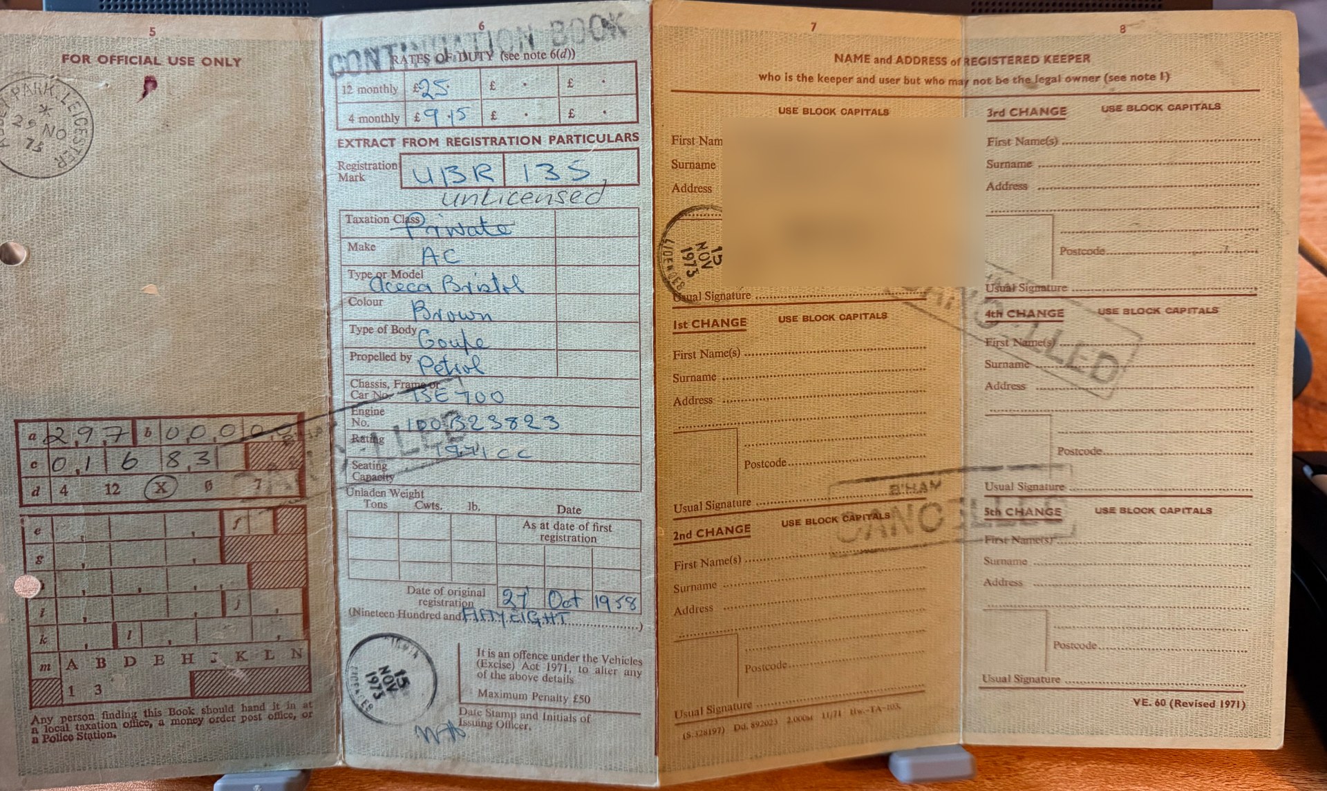 The original 1958 buff registration book for AC Aceca-Bristol UBR 135, chassis BE 700, with the keeper's name and address redacted