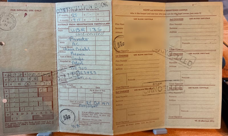 The original 1958 buff registration book for AC Aceca-Bristol UBR 135, chassis BE 700, with the keeper's name and address redacted