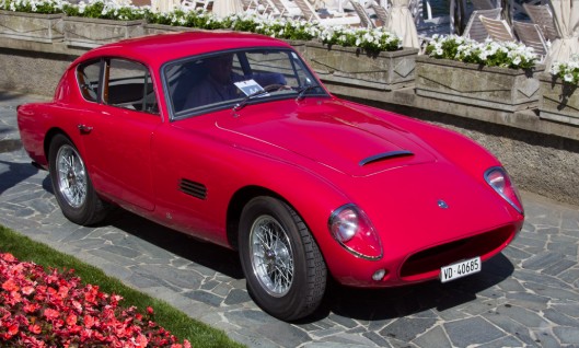 Red Ghia-Aigle rebodied AC Aceca-Bristol coupé with wire wheels, front three-quarter view